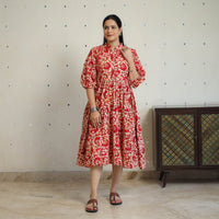 Red - Pure Cotton Tiered Batik Print Dress 09