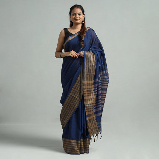 Blue - Dharwad Cotton Saree with Thread Border