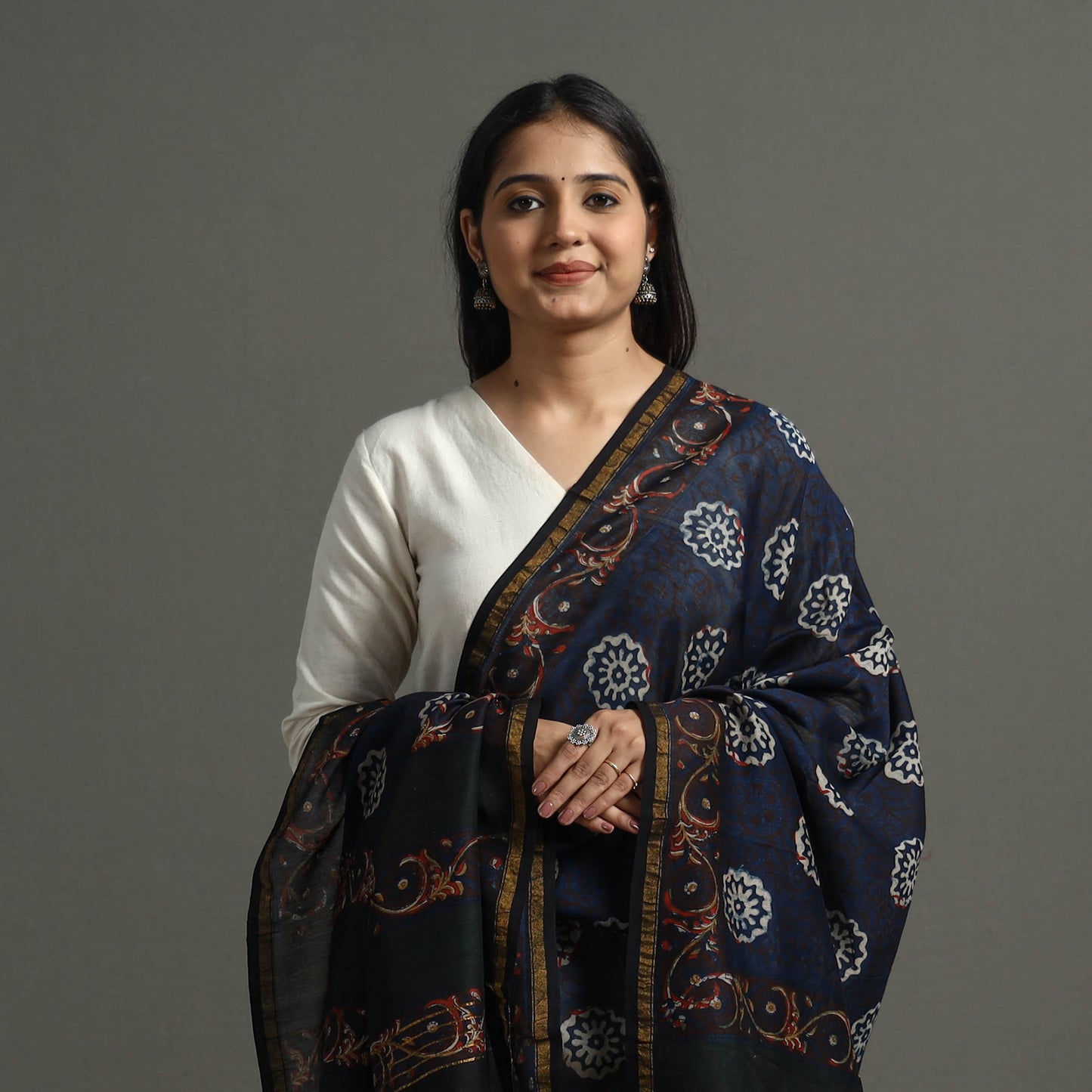 Blue - Block Printed Chanderi Silk Bagru Dupatta 89