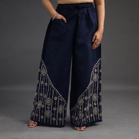 Navy Blue - Kantha Hand Embroidery Palazzo in Cotton 41