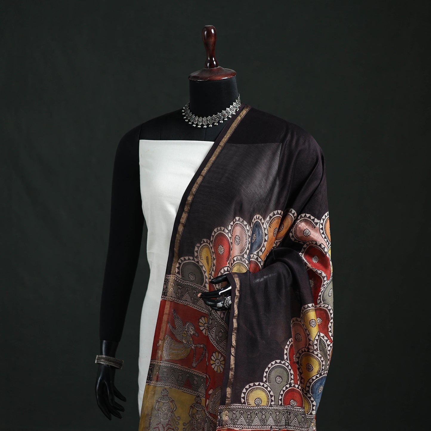Multicolor - Mata Ni Pachedi Handpainted Natural Dyed Chanderi Silk Handloom Dupatta 18