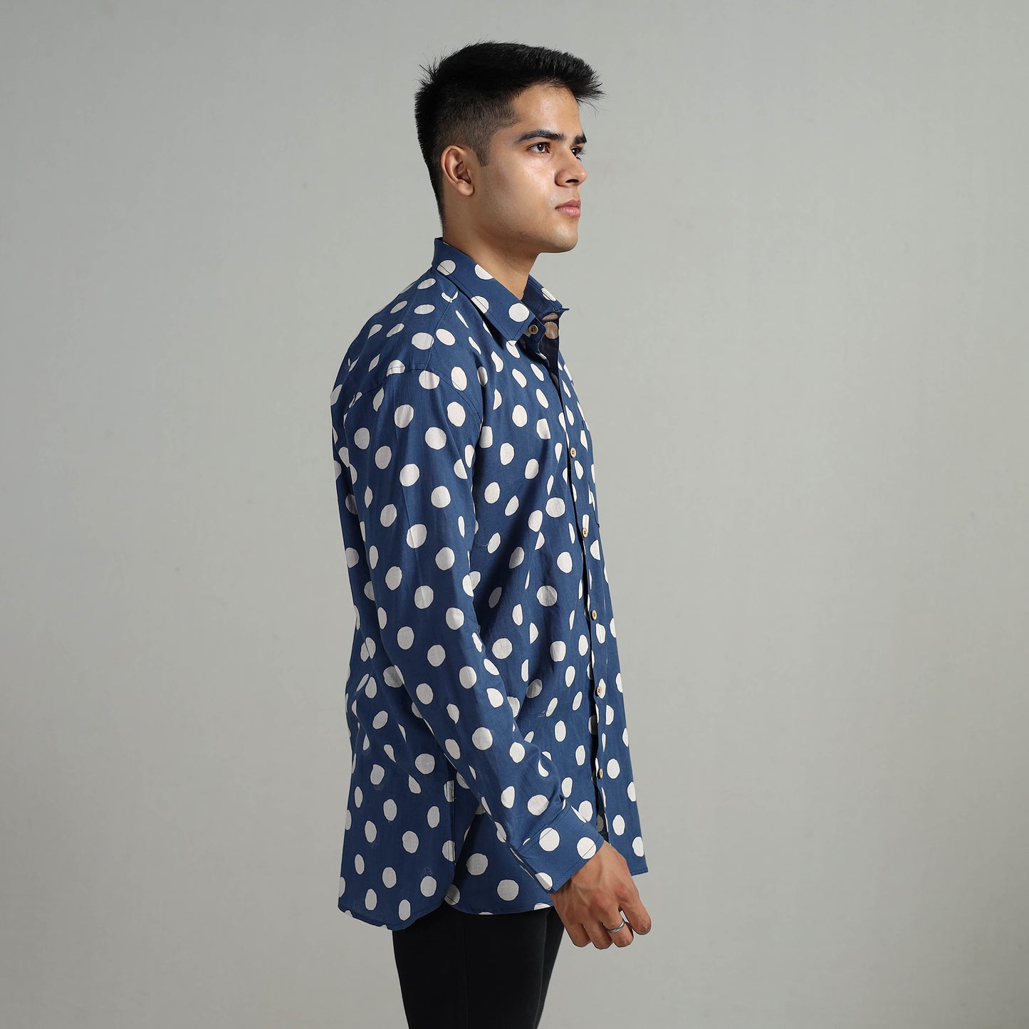 Blue - Indigo Block Printed Cotton Men Full Sleeve Shirt 12