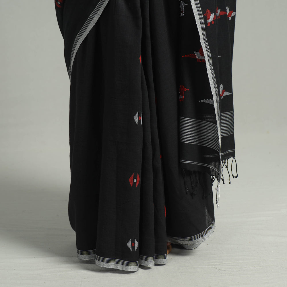 Black - Handloom Cotton Phulia Jamdani Saree with Tassels 18