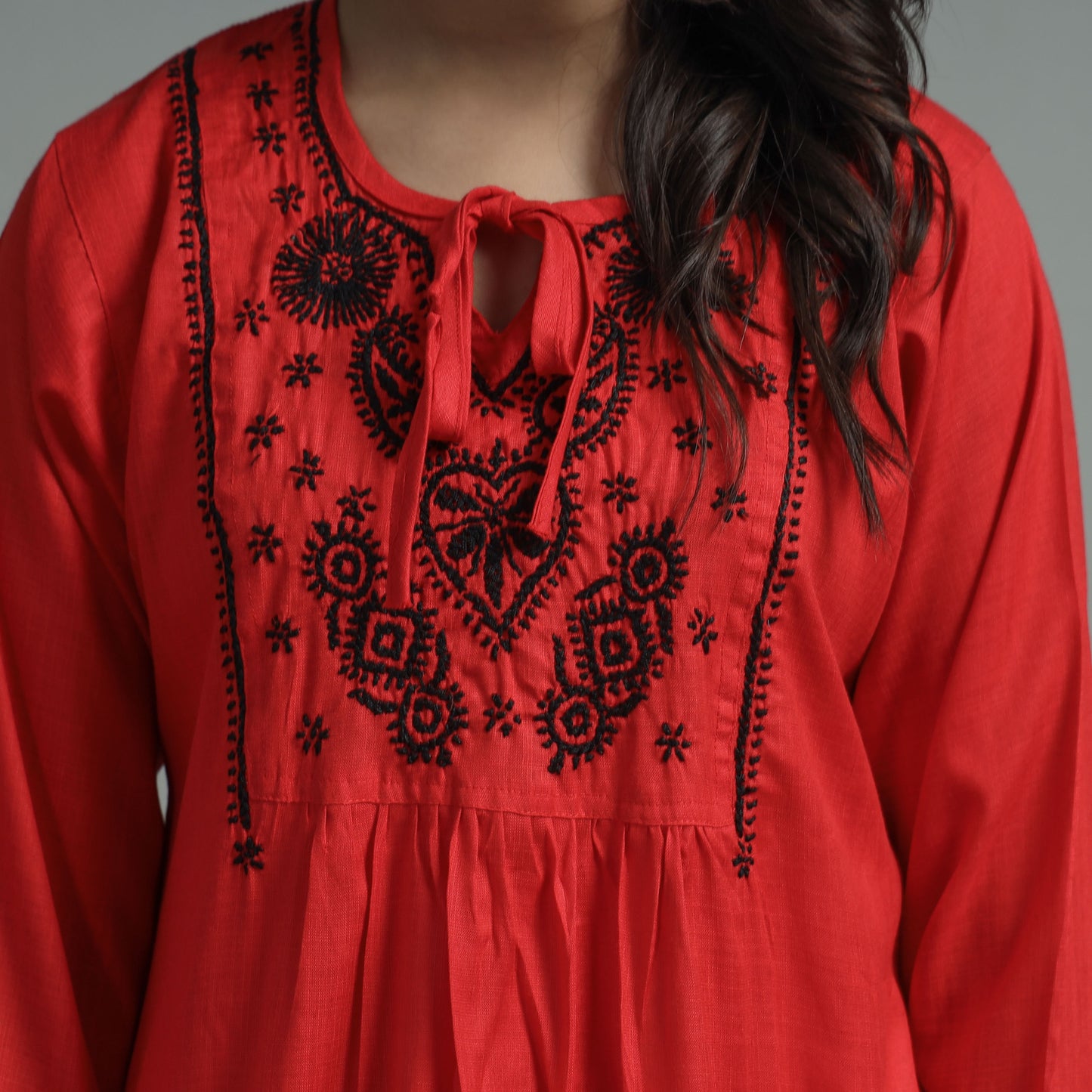 Red Chikankari Hand Embroidered Cotton Short Kurta