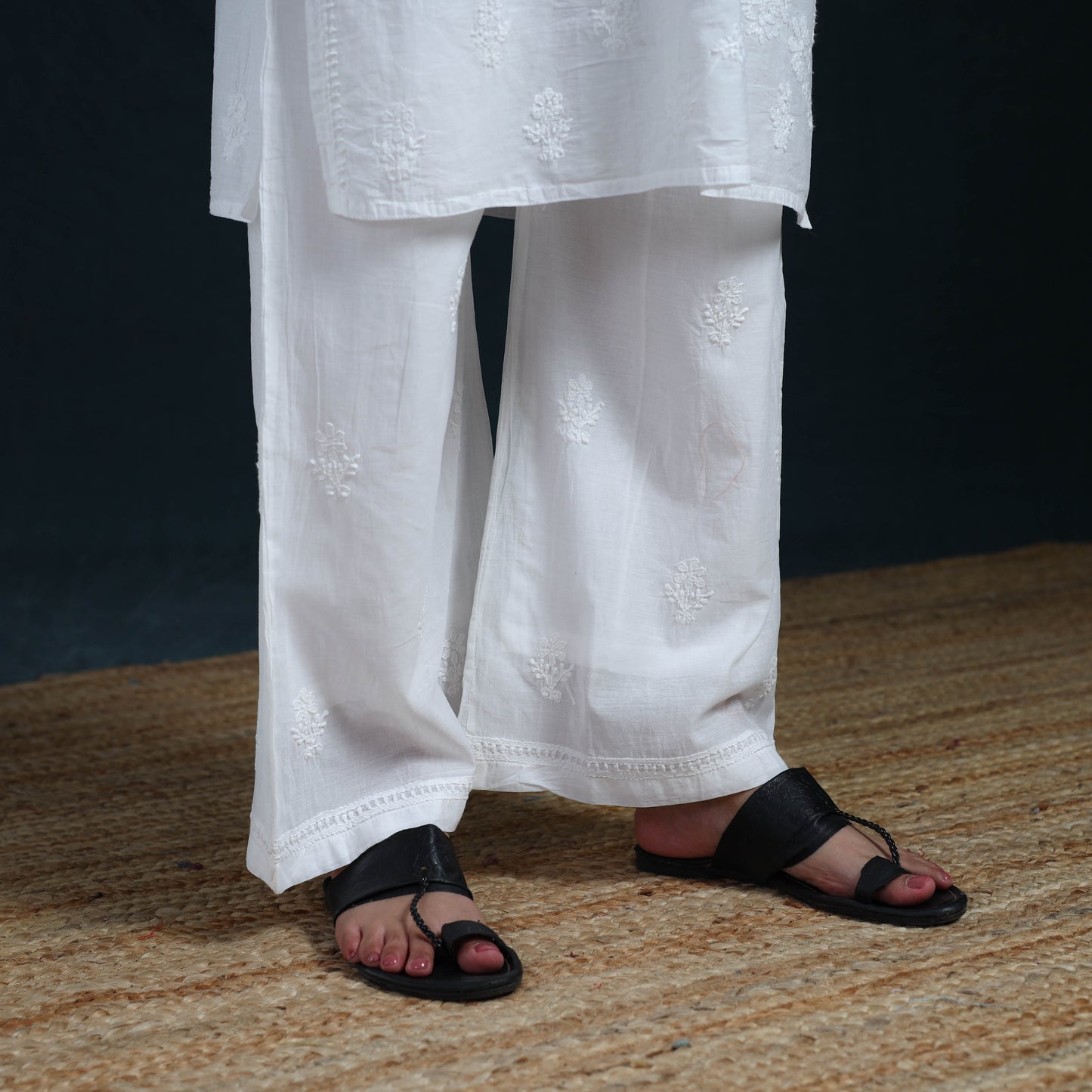 White - Hand Embroidered Mul Chanderi Chikankari Kurta with Palazzo Set for Women 22