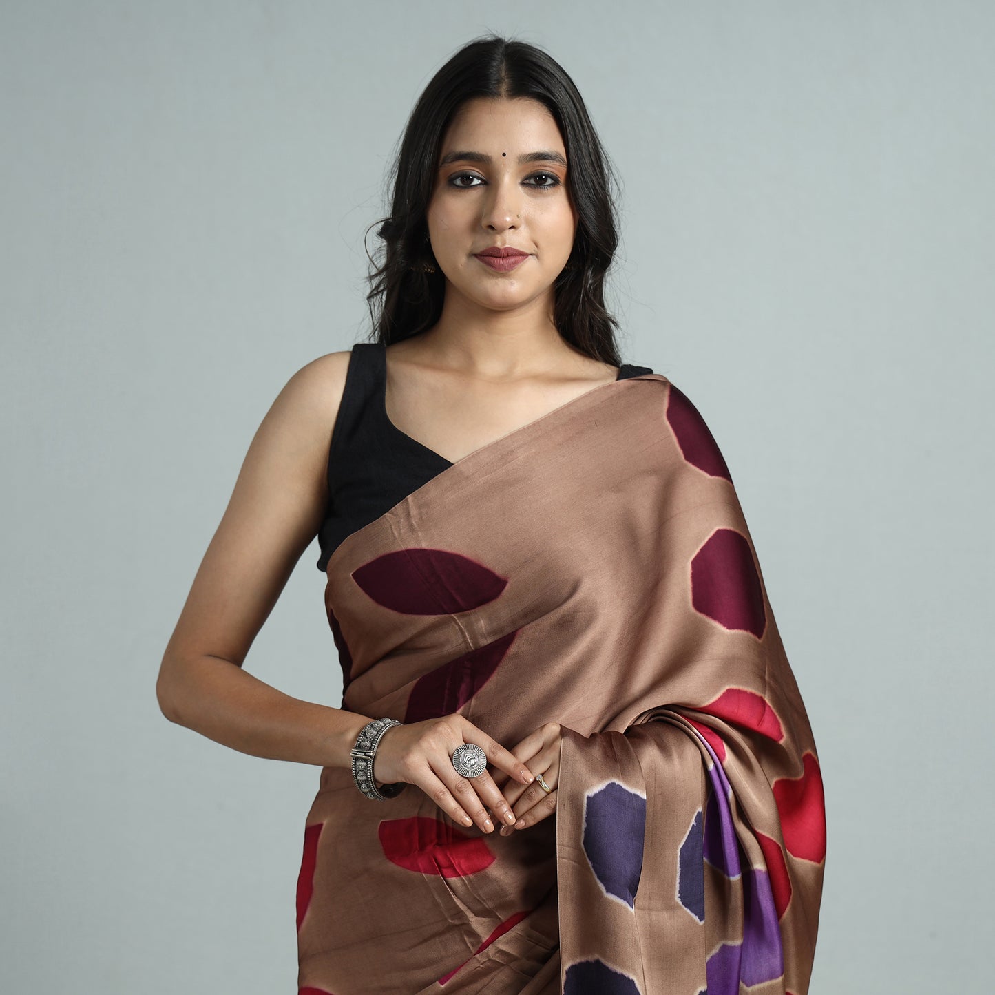Brown - Shibori Clamp Dyed Modal Silk Saree with Zari Border 05