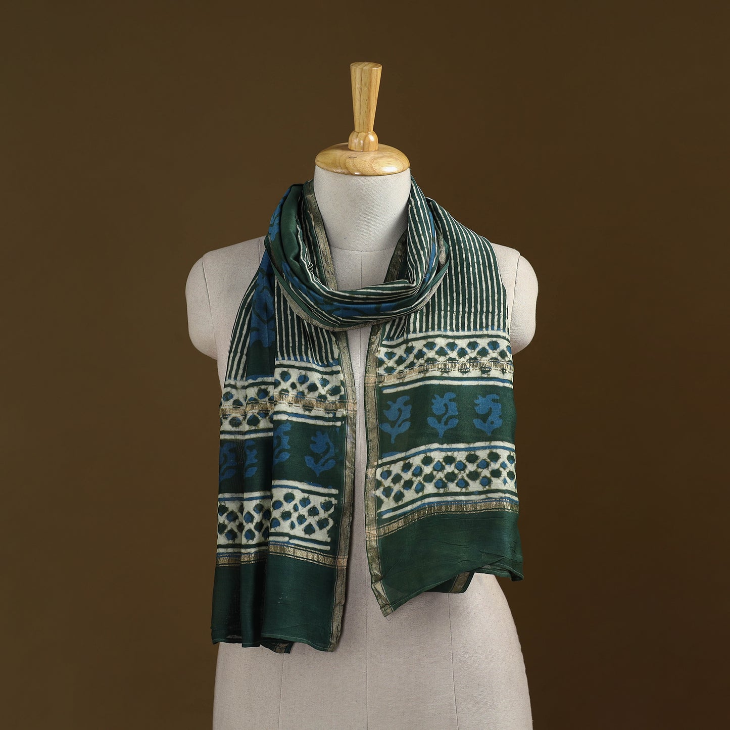 Green - Pipad Hand Block Print Natural Dyed Chanderi Silk Handloom Stole 75