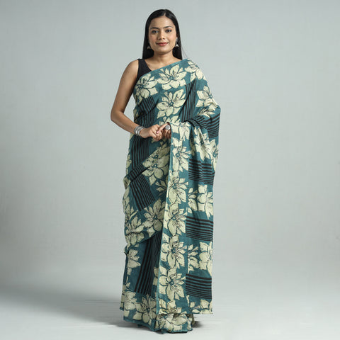 Green - Bindaas Art Block Printed Natural Dyed Cotton Saree 39