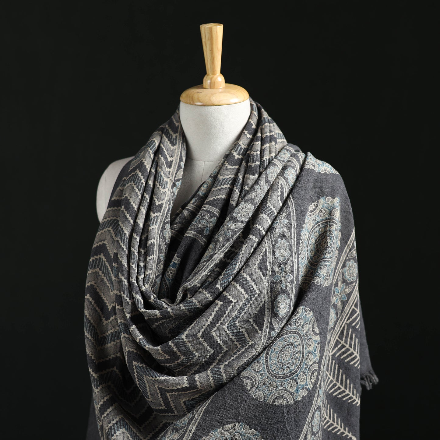 Ajrakh Hand Block Print Natural Dyed Handwoven Acrylic Wool Shawl 24