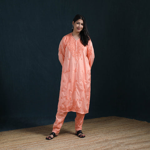Peach - Hand Embroidered Rayon Cotton Chikankari Kurta with Pant Set for Women 16