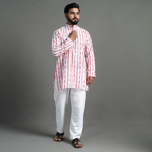 White - Sambalpuri Ikat Weave Cotton Men Short Kurta