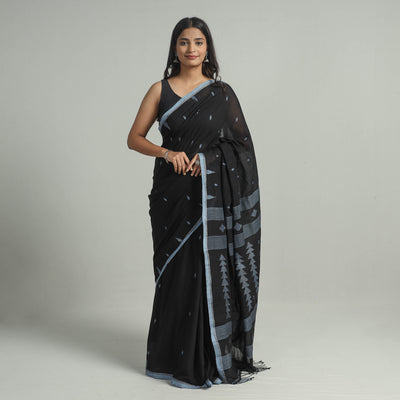 Black - Handloom Cotton Phulia Jamdani Saree with Tassels 19