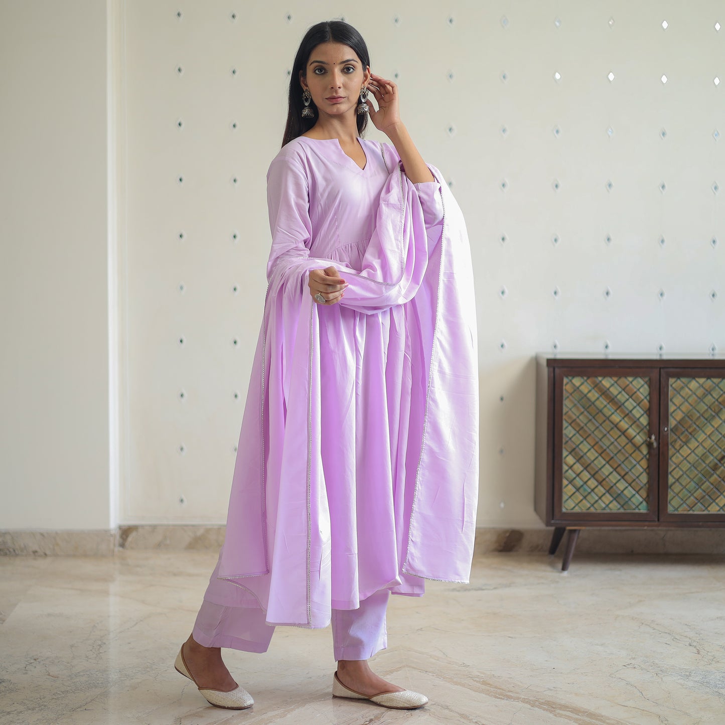 Khyati Purple Cotton Flared Kurta with Palazzo & Dupatta Set