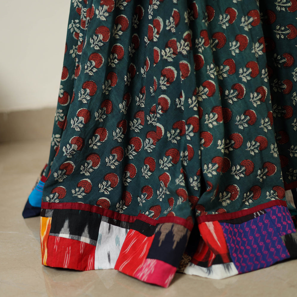 Green - Hand Block Printed Cotton Long Bagru Skirt 04