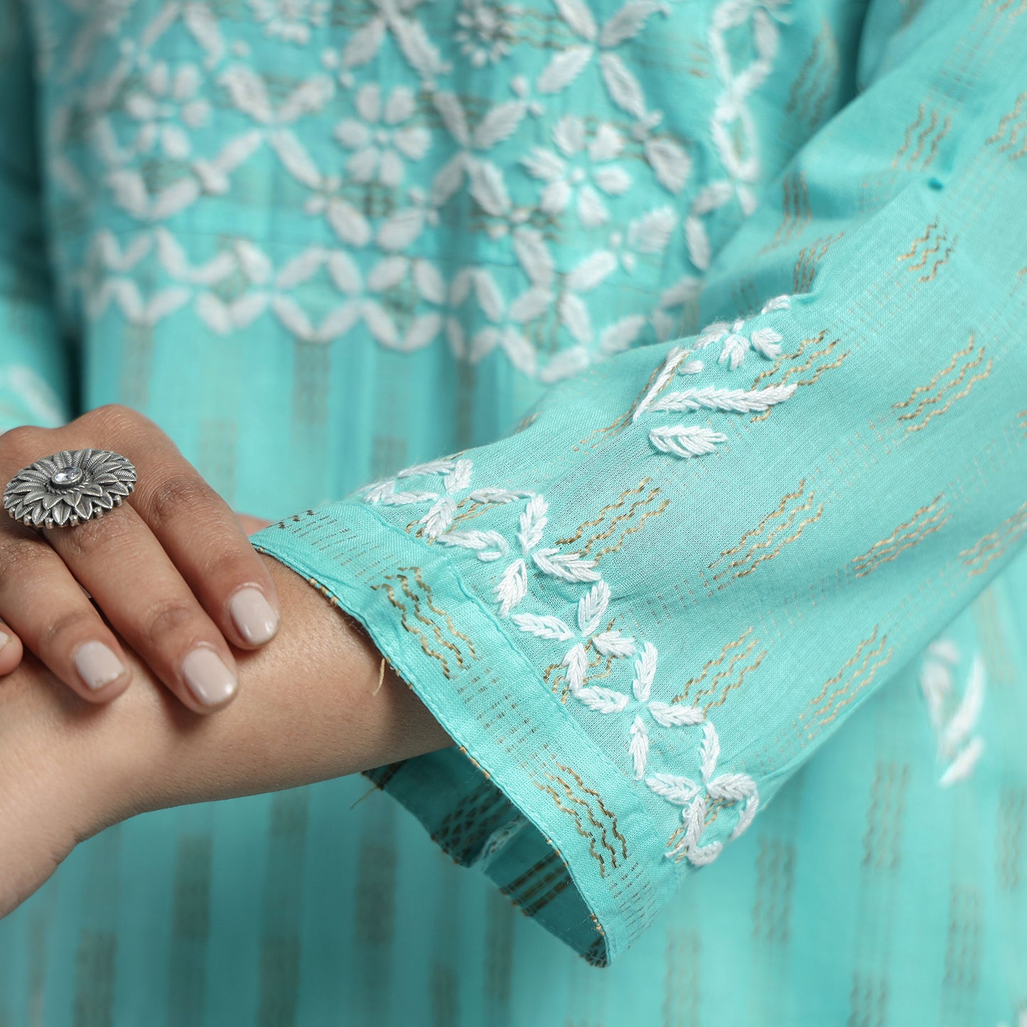 Blue - Turquoise Green Chikankari Hand Embroidered Cotton Long Kurta