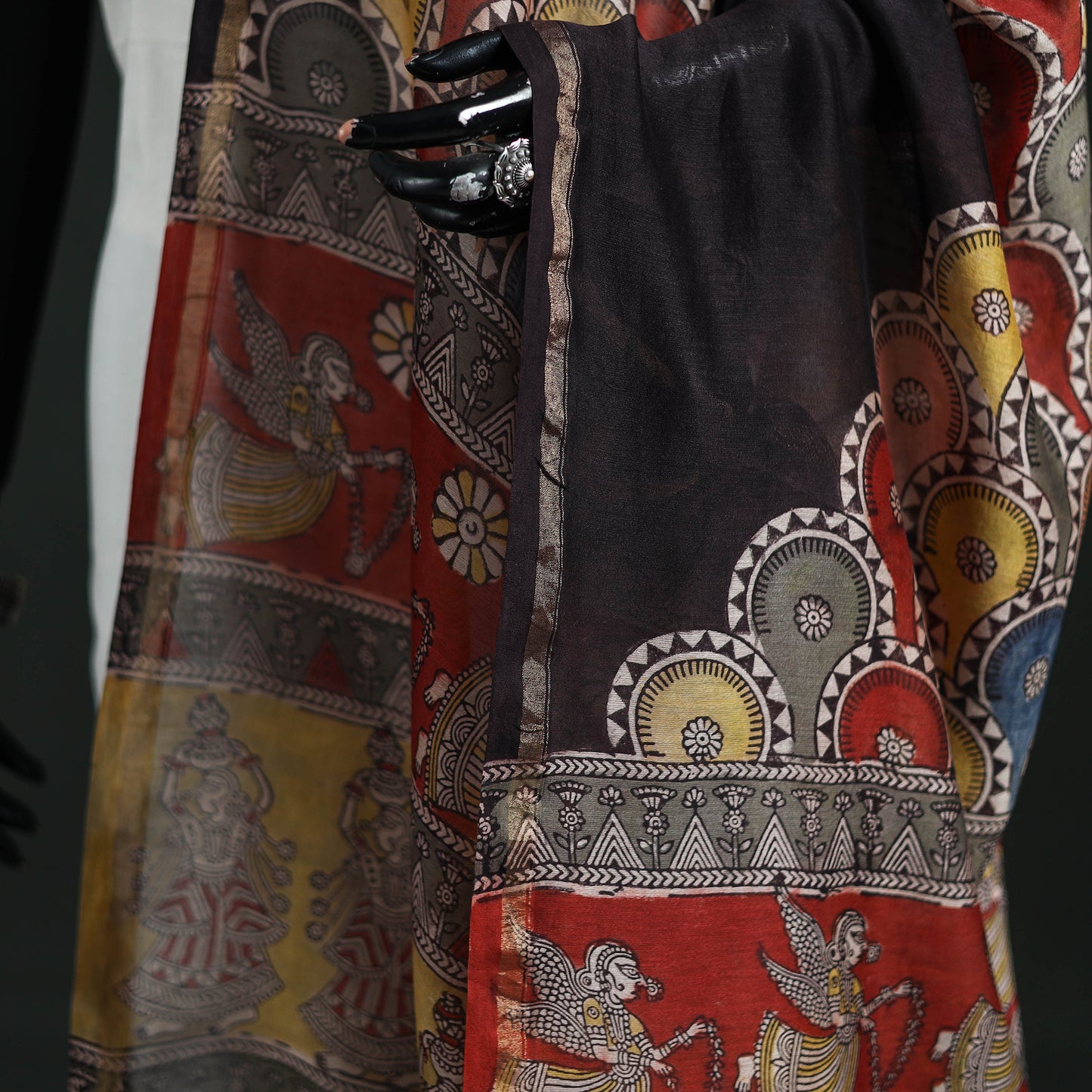 Multicolor - Mata Ni Pachedi Handpainted Natural Dyed Chanderi Silk Handloom Dupatta 18