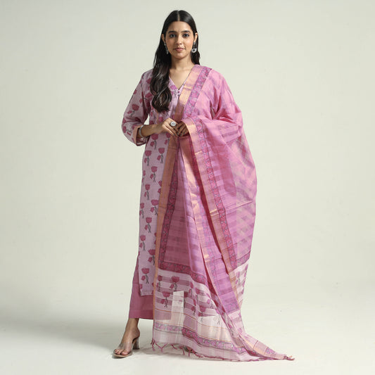 Pink - Mangalagiri Block Printed Handloom Cotton Kurta with Palazzo & Dupatta Set