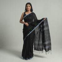 Black - Handloom Cotton Phulia Jamdani Saree with Tassels 19