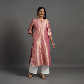 Pink Cutwork Tissue Zari Jaal Banarasi Silk Kurta for Women