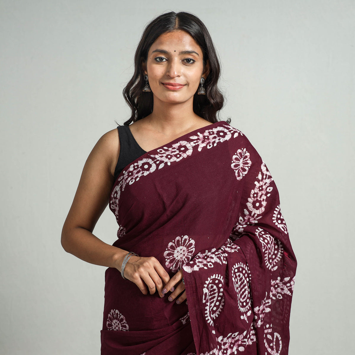 Brown - Hand Batik Printed Cotton Saree with Blouse Piece 09