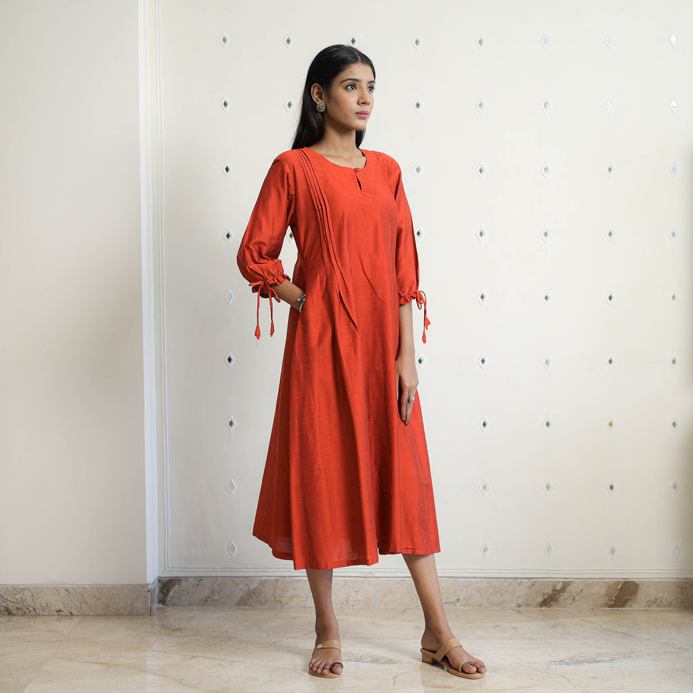 Sunny Dark Orange Slub Silk Plain Dress