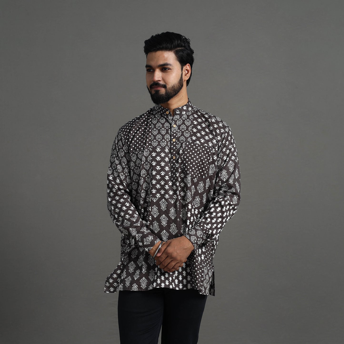 Kantha Stitch Cotton Short Sanganeri Kurta for Men 11