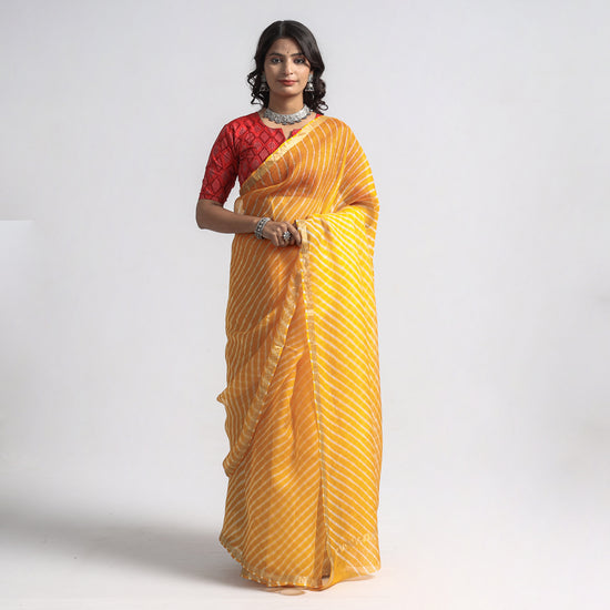 Yellow - Leheriya Tie-Dye Kota Doria Silk Saree