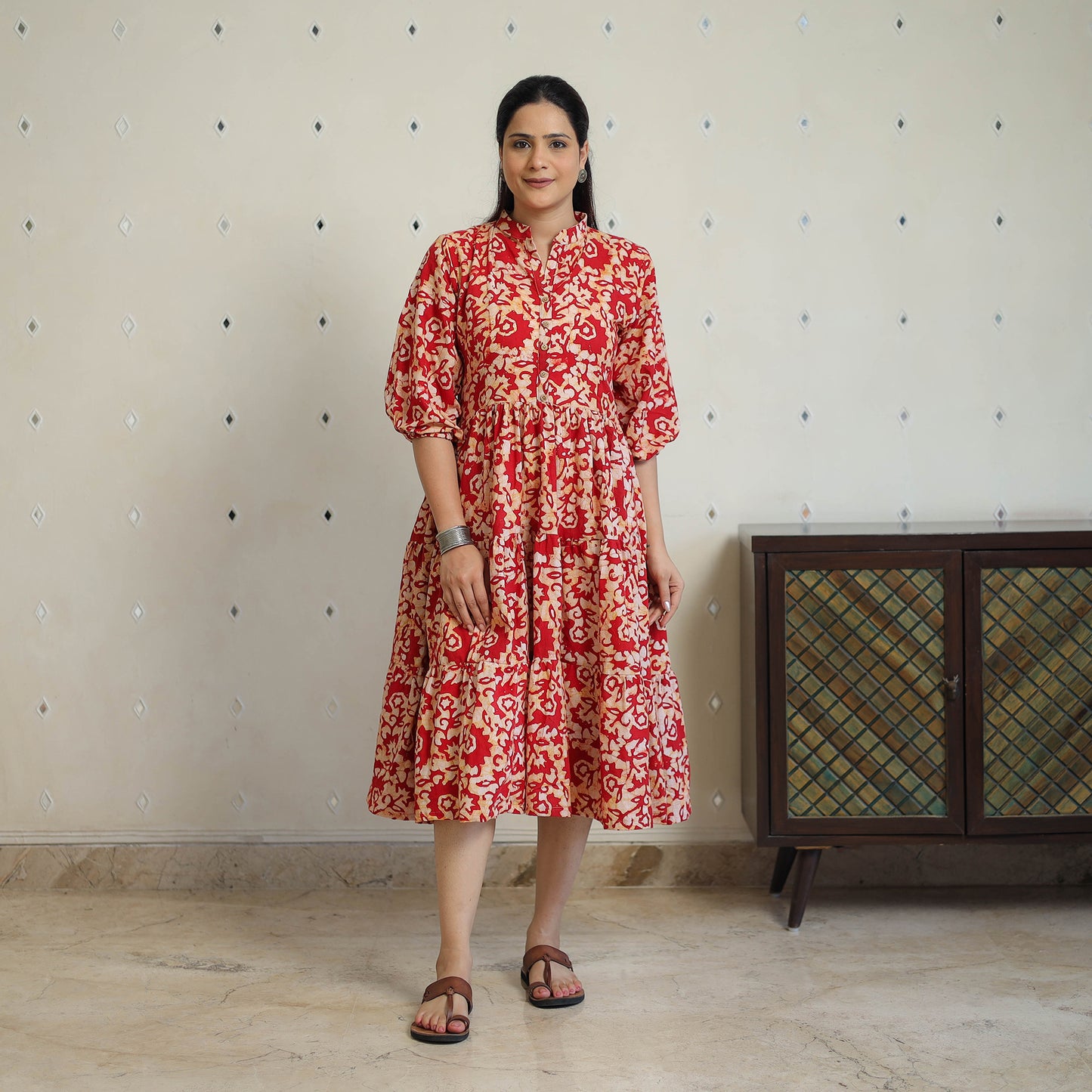 Red - Pure Cotton Tiered Batik Print Dress 09