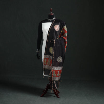 Black - Mata Ni Pachedi Handpainted Natural Dyed Chanderi Silk Handloom Dupatta 19