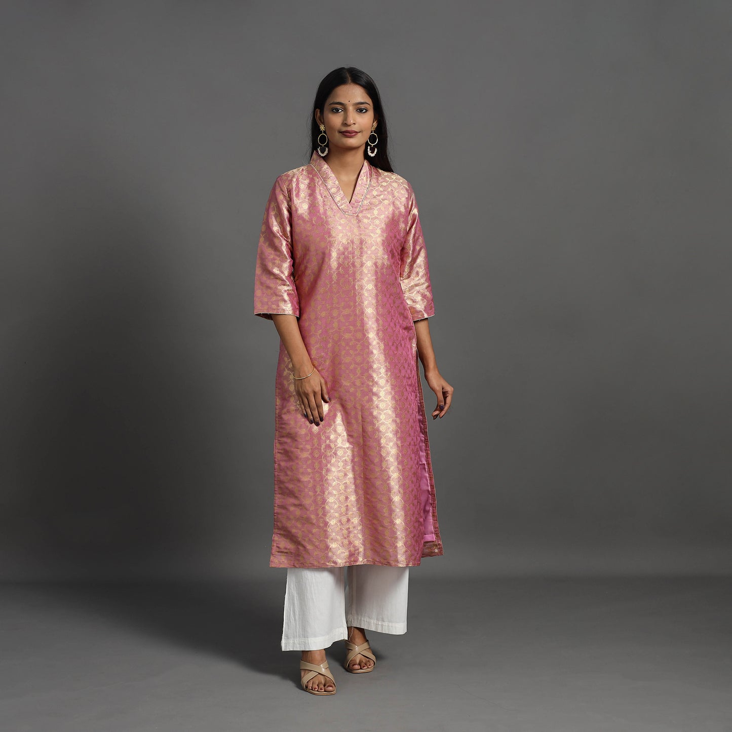 Pink - Cutwork Tissue Zari Jaal Banarasi Silk Kurta 09