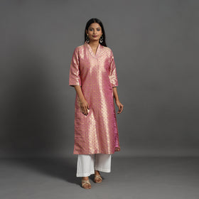 Pink Cutwork Tissue Zari Jaal Banarasi Silk Kurta for Women