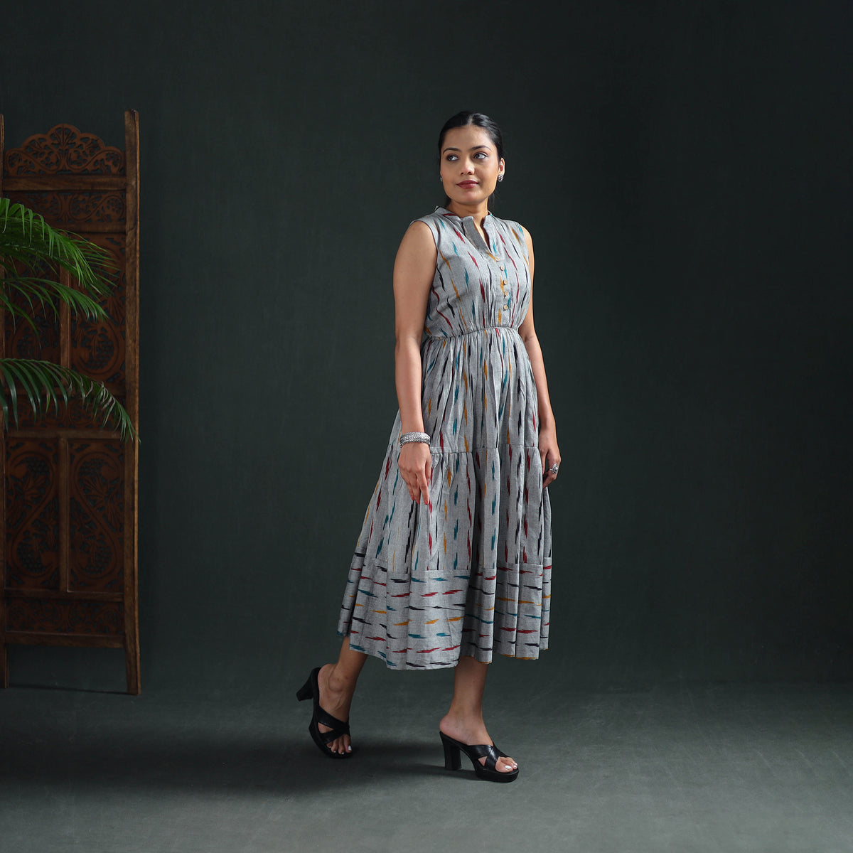 Pochampally Ikat Cotton Sleeveless Tiered Long Dress for Women 07