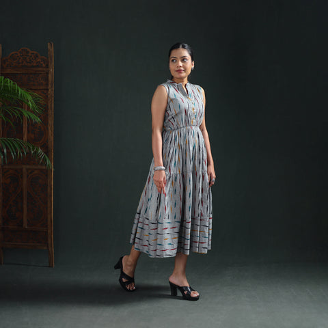 Pochampally Ikat Cotton Sleeveless Tiered Long Dress for Women 07