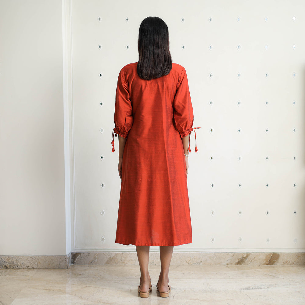 Sunny Dark Orange Slub Silk Plain Dress