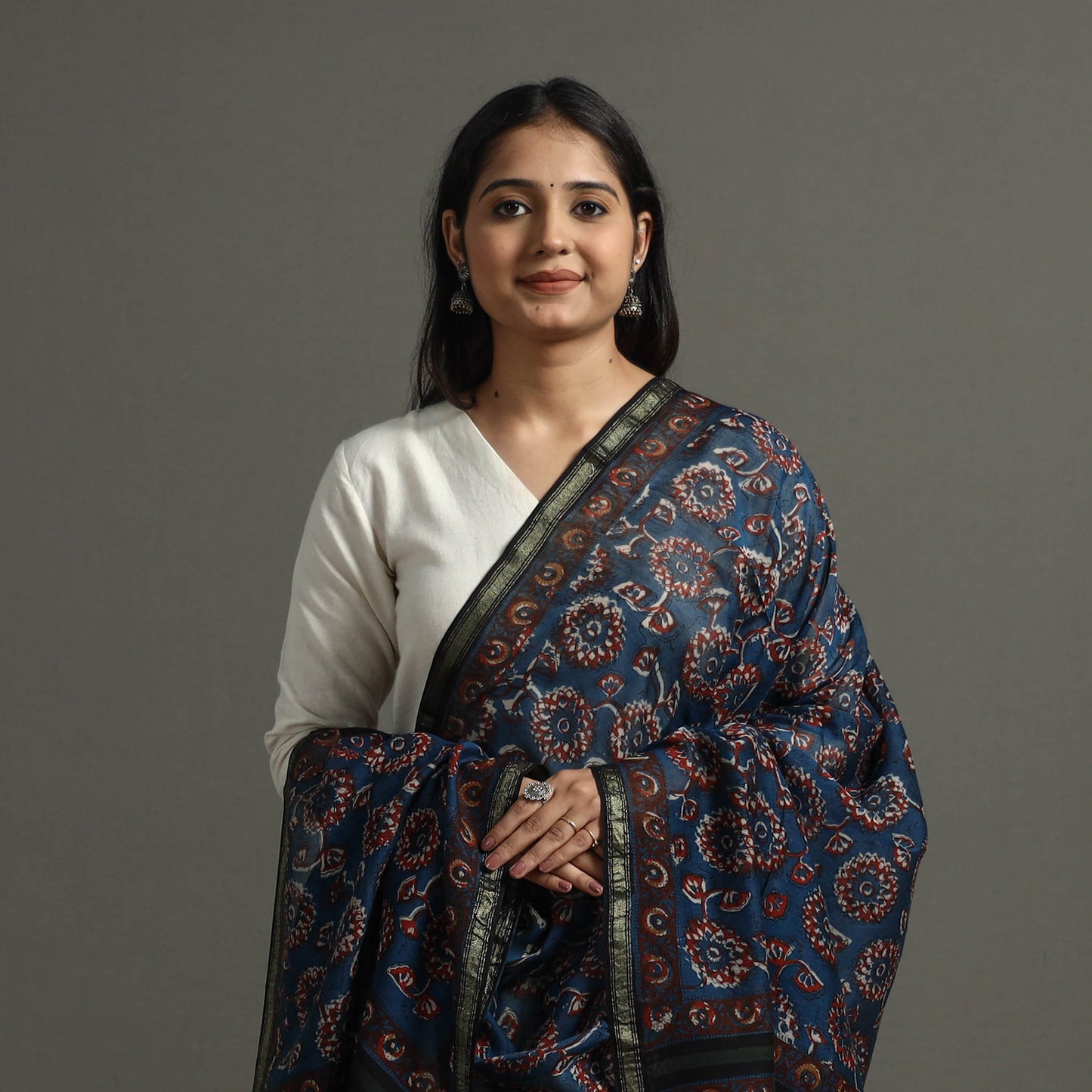 Blue - Block Printed Chanderi Silk Bagru Dupatta 90