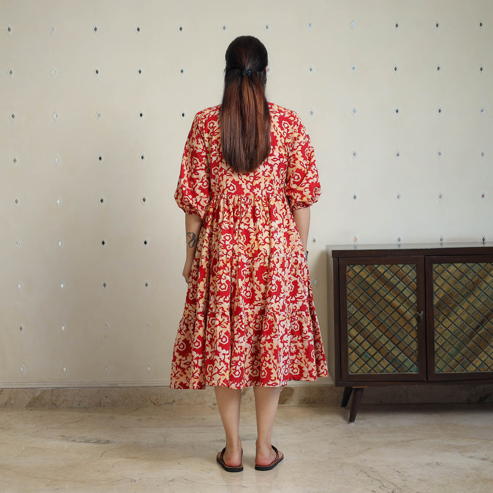 Red - Pure Cotton Tiered Batik Print Dress 09