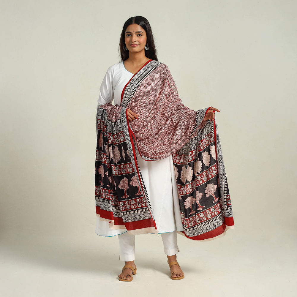 Maroon - Hand Block Print Cotton Bagh Dupatta 19