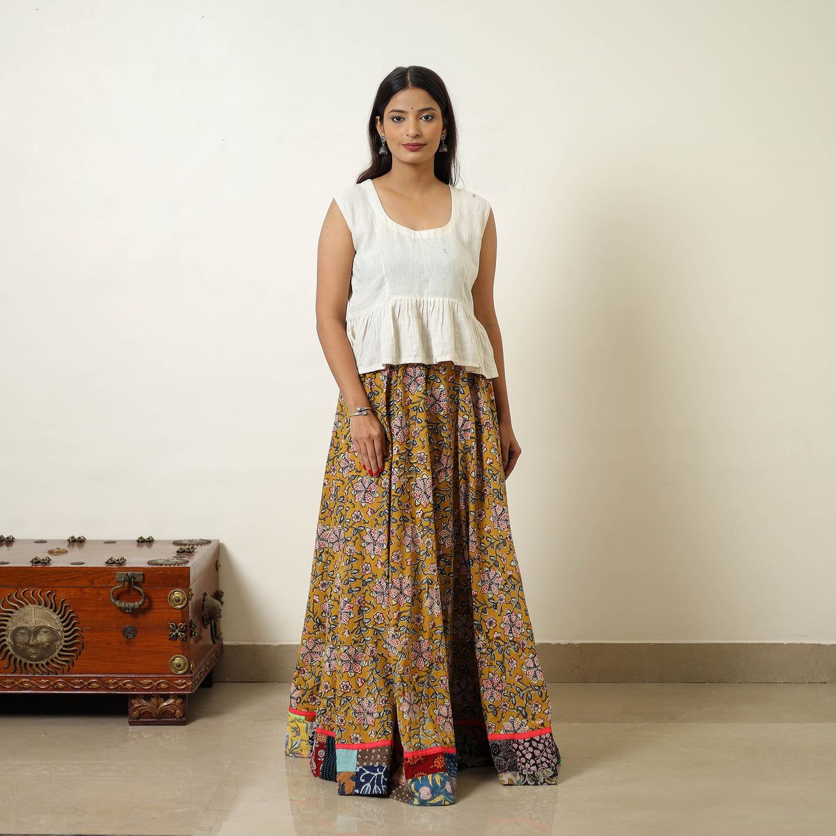 Yellow - Hand Block Printed Cotton Long Bagru Skirt 01