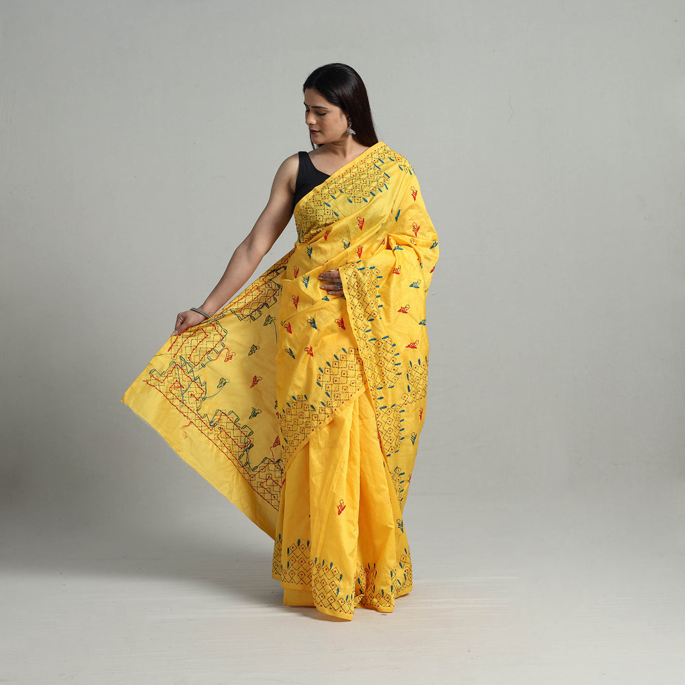 Yellow - Handcrafted Bengal Nakshi Kantha Work Silk Saree 10