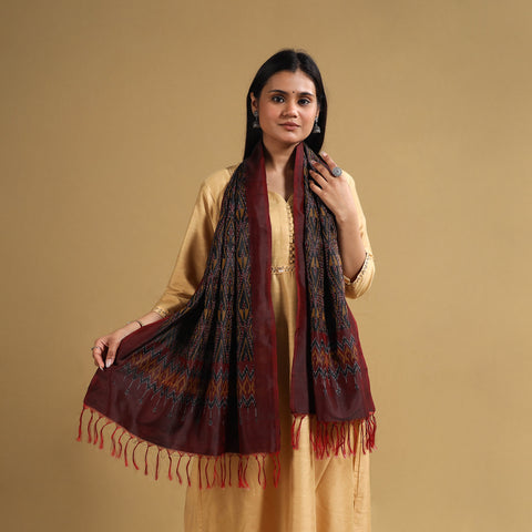 Brown - Handloom Mulberry Silk Pochampally Ikat Stole 14