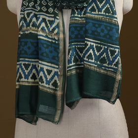 Green - Pipad Hand Block Print Natural Dyed Chanderi Silk Handloom Stole 79