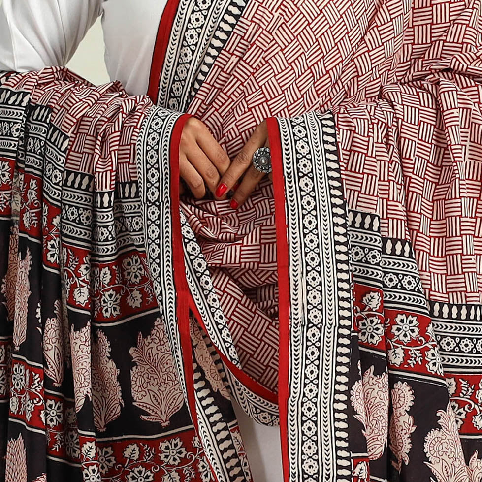 Maroon - Hand Block Print Cotton Bagh Dupatta 19