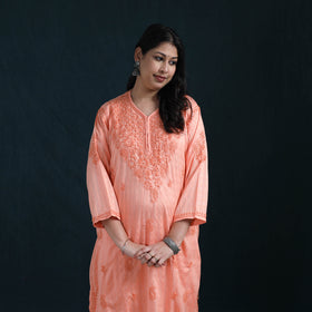 Peach - Hand Embroidered Rayon Cotton Chikankari Kurta with Pant Set for Women 16