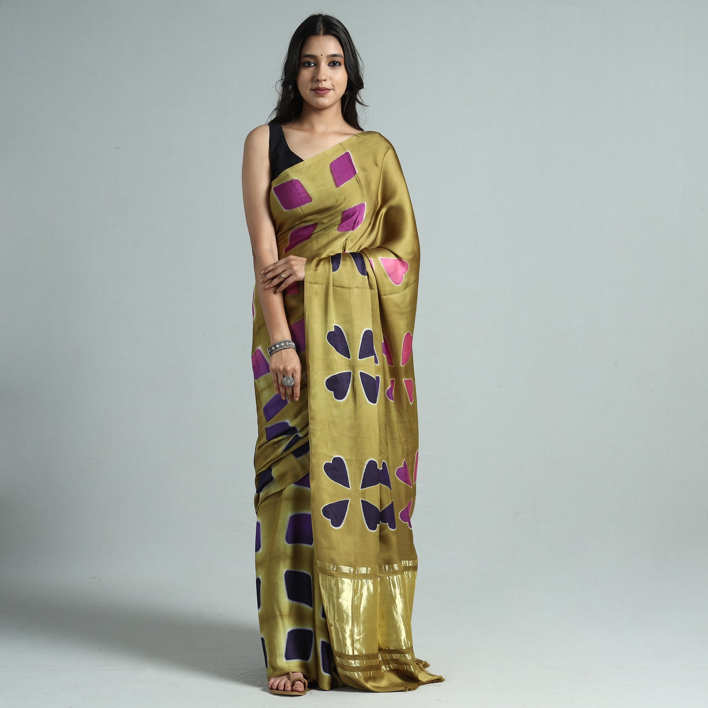 Yellow -  Shibori Clamp Dyed Modal Silk Saree with Zari Border 06