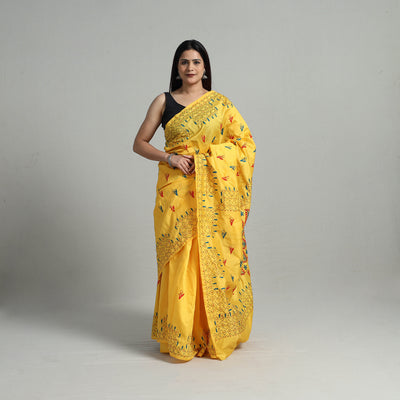 Yellow - Handcrafted Bengal Nakshi Kantha Work Silk Saree 10