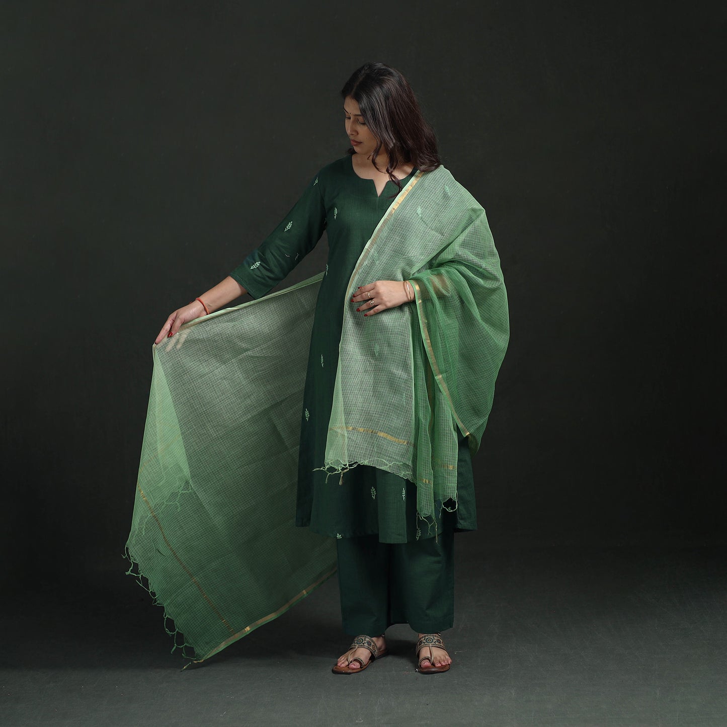 Plain Slub Cotton Hand Embroidered Suit Set with Dupatta for women 02