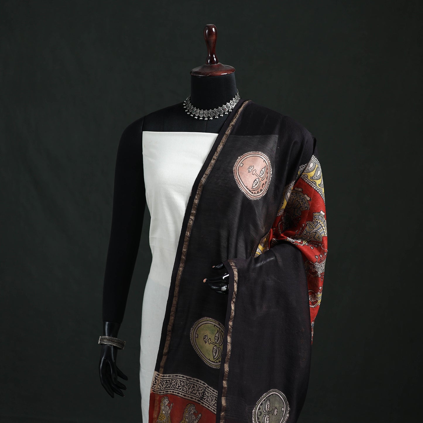 Black - Mata Ni Pachedi Handpainted Natural Dyed Chanderi Silk Handloom Dupatta 19