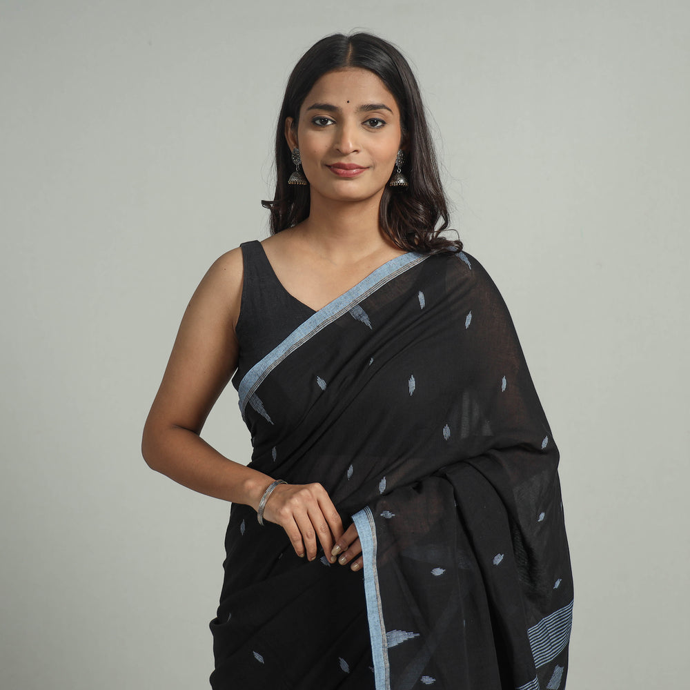 Black - Handloom Cotton Phulia Jamdani Saree with Tassels 19