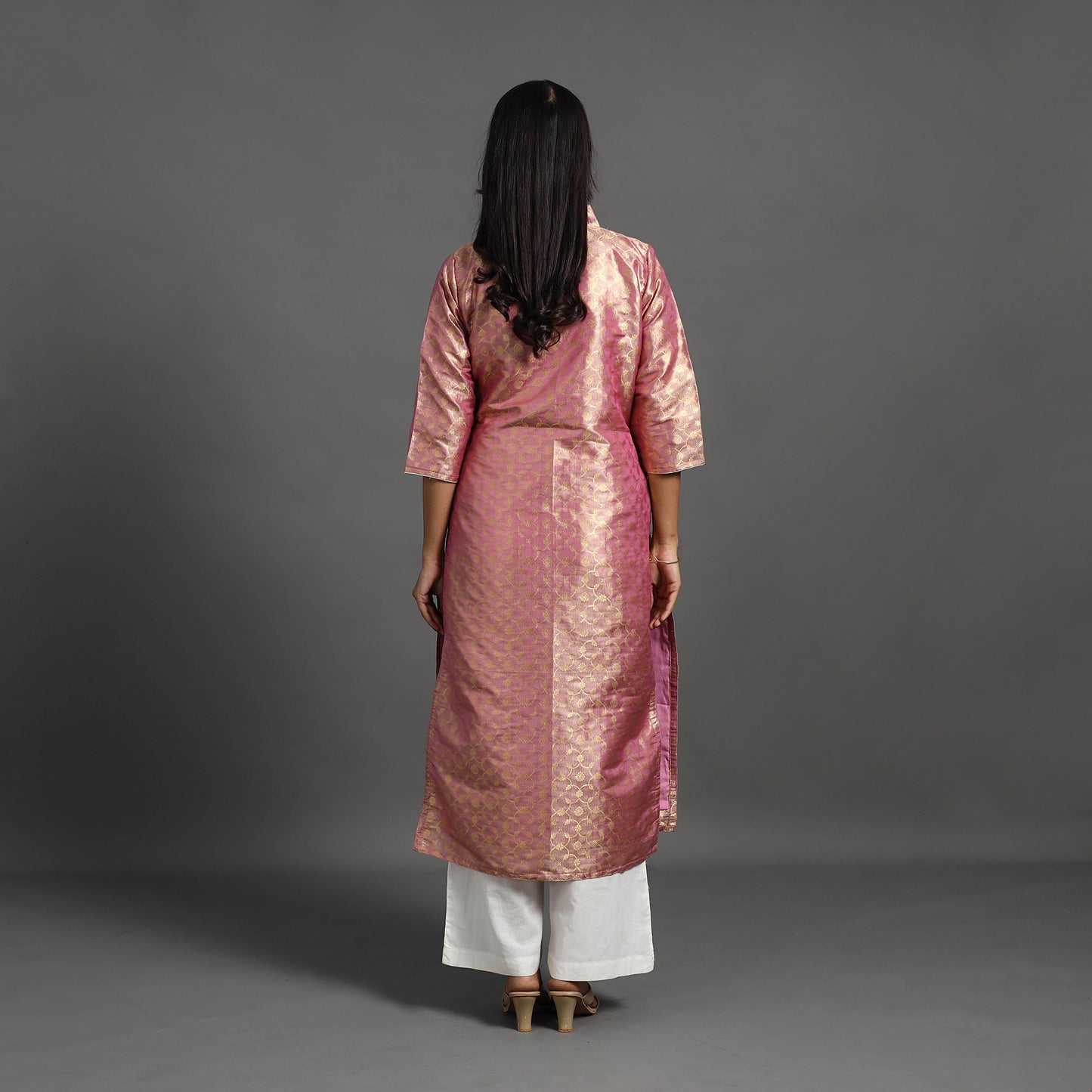 Pink - Cutwork Tissue Zari Jaal Banarasi Silk Kurta 09