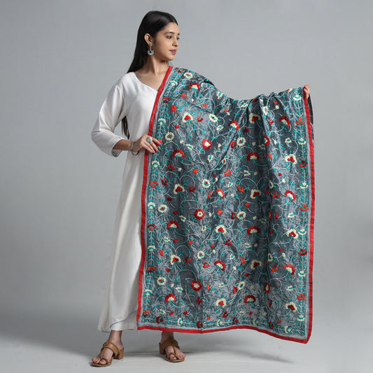Grey - Ranihati Chanderi Silk Chapa Work Phulkari Embroidered Dupatta 29